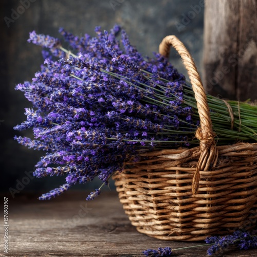 A rustic wicker basket filled with fresh lavender blooms.