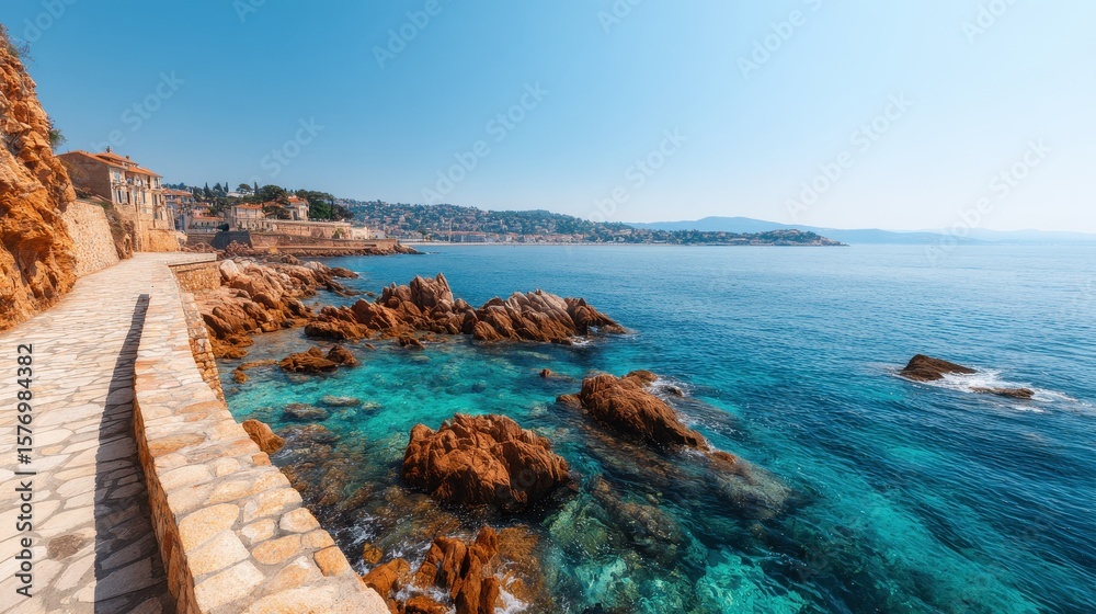 Fototapeta premium Coastal pathway with rocky shore and clear turquoise water under a bright, sunny sky, overlooking a distant town along the shoreline.