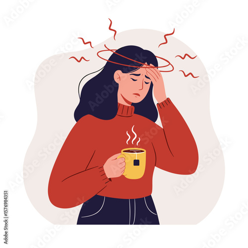 An illustrated woman in a red sweater holds a mug while experiencing a severe headache or dizziness, depicted with swirling lines around her head.