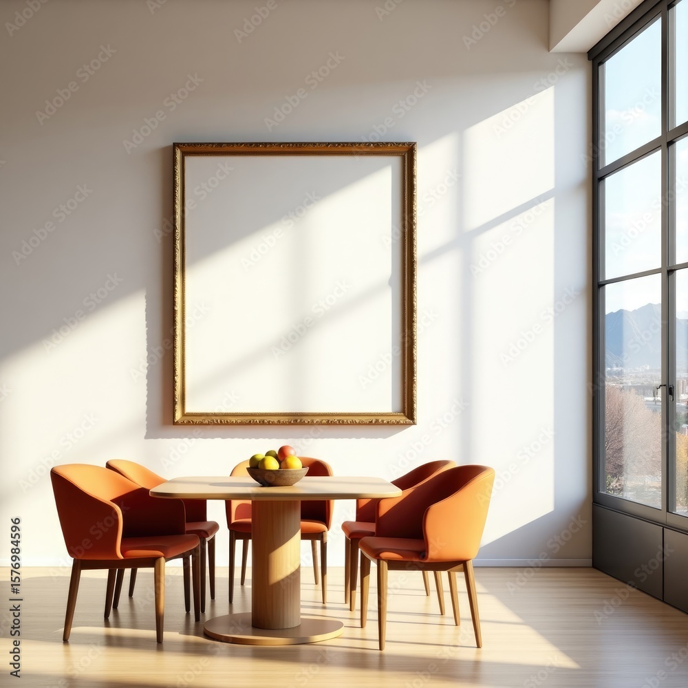 Fototapeta premium Modern dining room set with orange chairs, wooden table, and blank frame for art display, interior decor