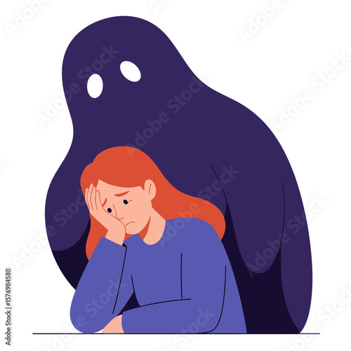 A sad young woman is haunted by a dark shadow representing mental health issues, depression, anxiety, and the struggles of emotional well-being and psychological problems.