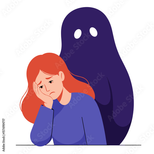 A sad, depressed young woman with red hair is haunted by a dark, shadowy figure representing anxiety and mental health struggles.
