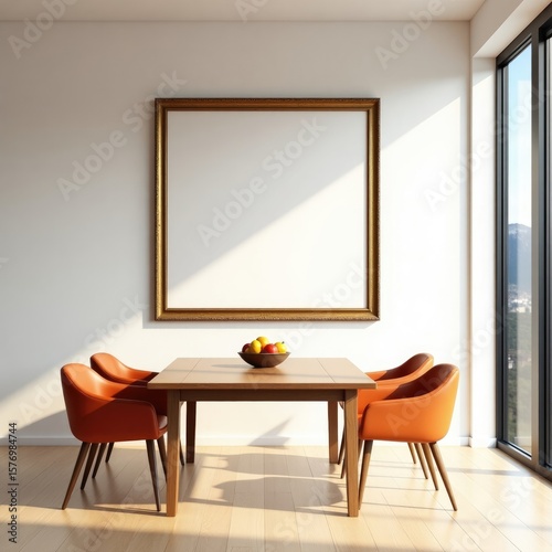 Modern dining set with orange chairs and wooden table with fruit bowl and framed blank canvas art