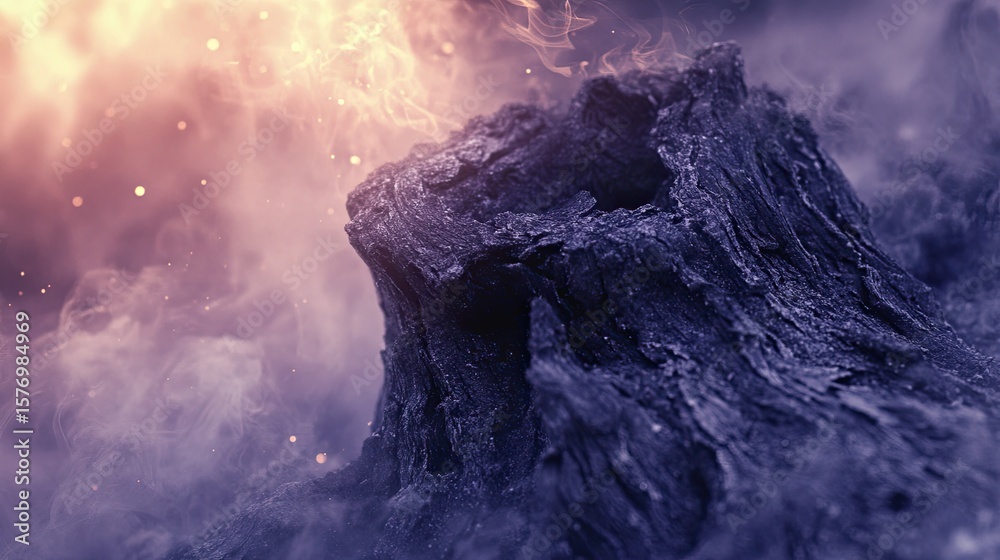 Naklejka premium Close-up view of charred wood with smoke and sparks.