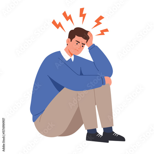 A young man sits with his head in his hands, experiencing a headache or mental distress with radiating pain.