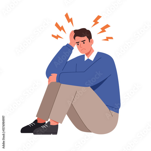 A distressed young man sits on the floor, clutching his head, overwhelmed by a severe headache or intense stress, depicted in a modern flat illustration style.