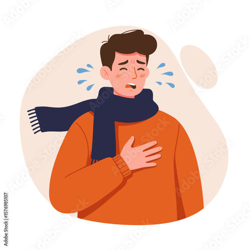 A young man in an orange sweater and blue scarf is suffering from a cold or flu, with tears and visible discomfort, set against a neutral backdrop.