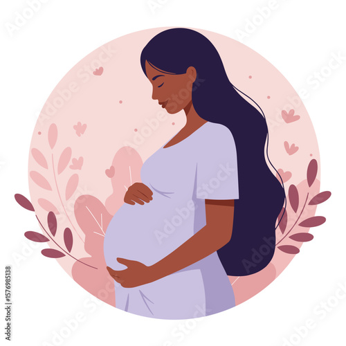 A beautiful pregnant woman of color cradles her belly with a gentle smile, surrounded by soft floral elements, symbolizing new life and maternal love.