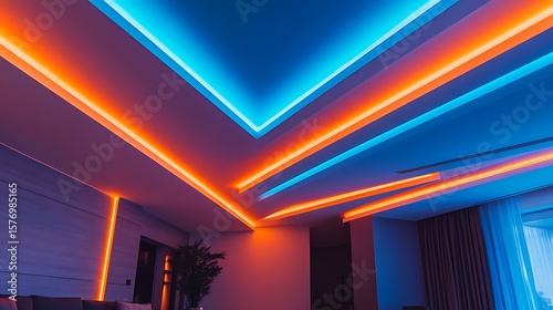 Interior view of a room with orange and blue neon lights on the ceiling design