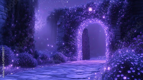 Mysterious purple archway in a magical garden at night.