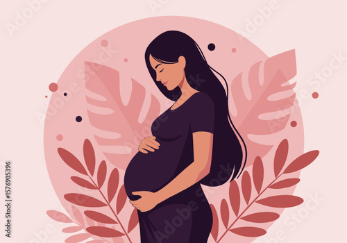 A serene illustration depicts a pregnant woman gently holding her belly, surrounded by soft, stylized foliage and a calming circular background, conveying peace.