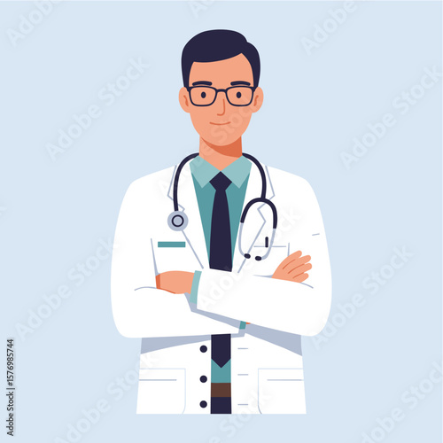 A confident male doctor wearing a white coat and stethoscope stands with arms crossed, ready to provide medical care and expertise.
