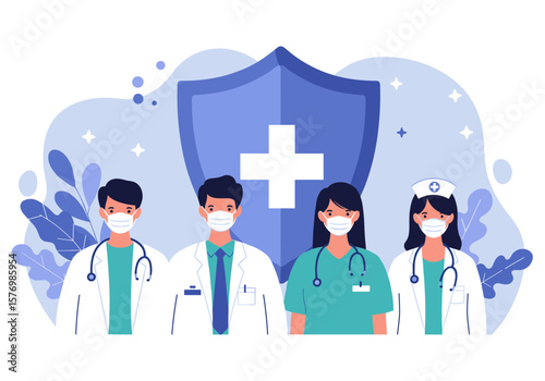A group of healthcare professionals wearing protective face masks stand in front of a shield symbolizing health and safety during a pandemic, creating a sense of security.