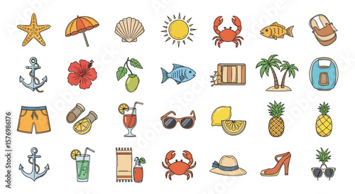 Collection of tropical beach vacation and summer holiday icons and graphics for design projects