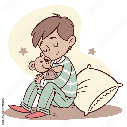 Illustration of a boy in pajamas hugging a teddy bear while sitting near a pillow with stars around him