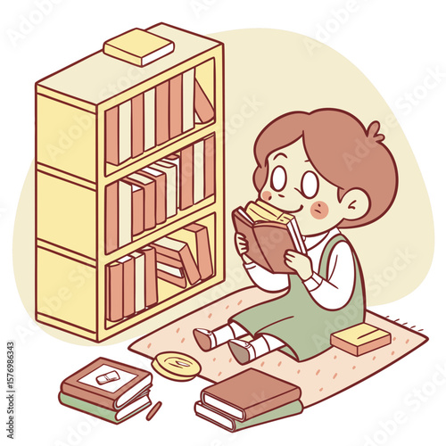 A cartoon illustration of a child reading a book while sitting on a rug next to a bookshelf filled books