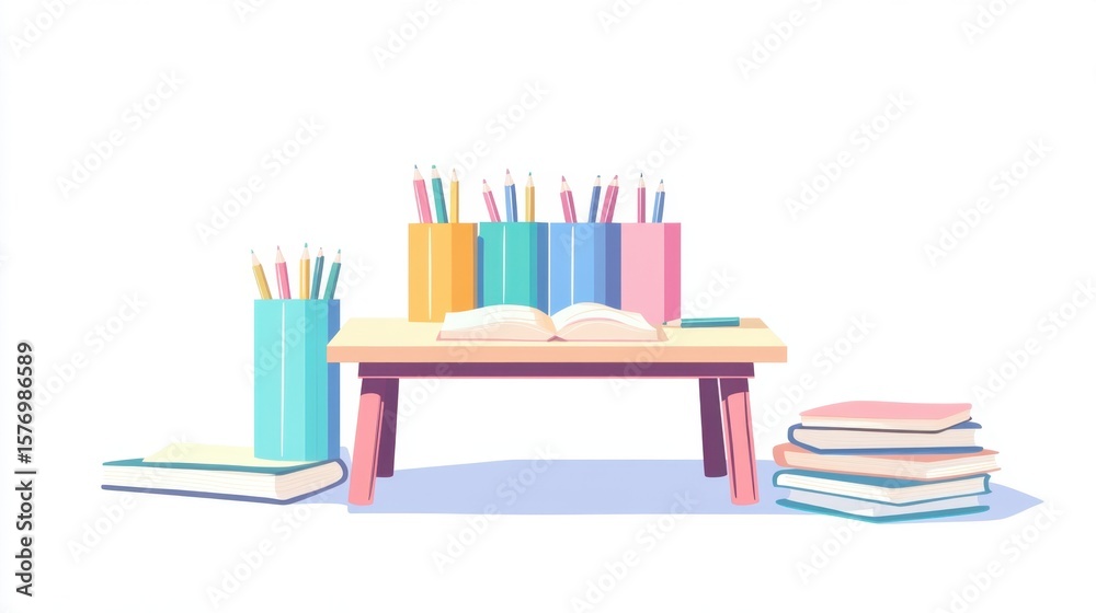 Fototapeta premium Study desk with books and colorful pencils create a delightful and inviting learning environment for school or home.