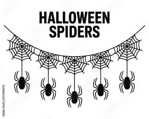 Halloween Spider Web Garland - Black White Silhouette Vector Three Hanging Webs with Spiders

