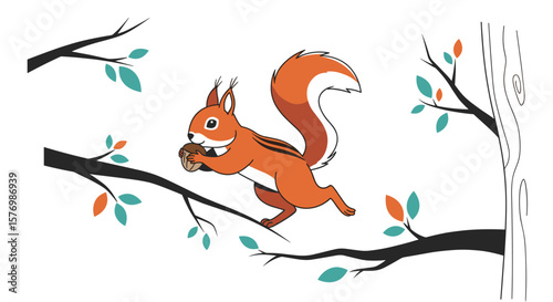 A cute cartoon squirrel with a nut is running fast on a tree branch surrounded by leaves and raindrops in a simple illustration style