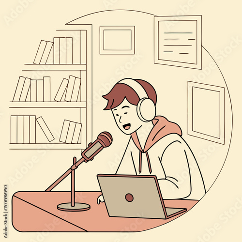 Illustration of a young person recording a podcast with a microphone and laptop in a cozy room setting
