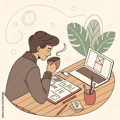A person drinking coffee while working at a desk with a laptop, papers, and stationery in a cozy setting