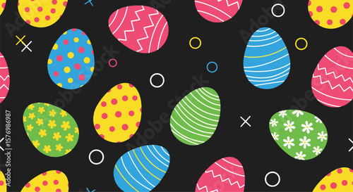 A festive collection of vibrantly decorated easter eggs on a dark background with playful patterns and accents