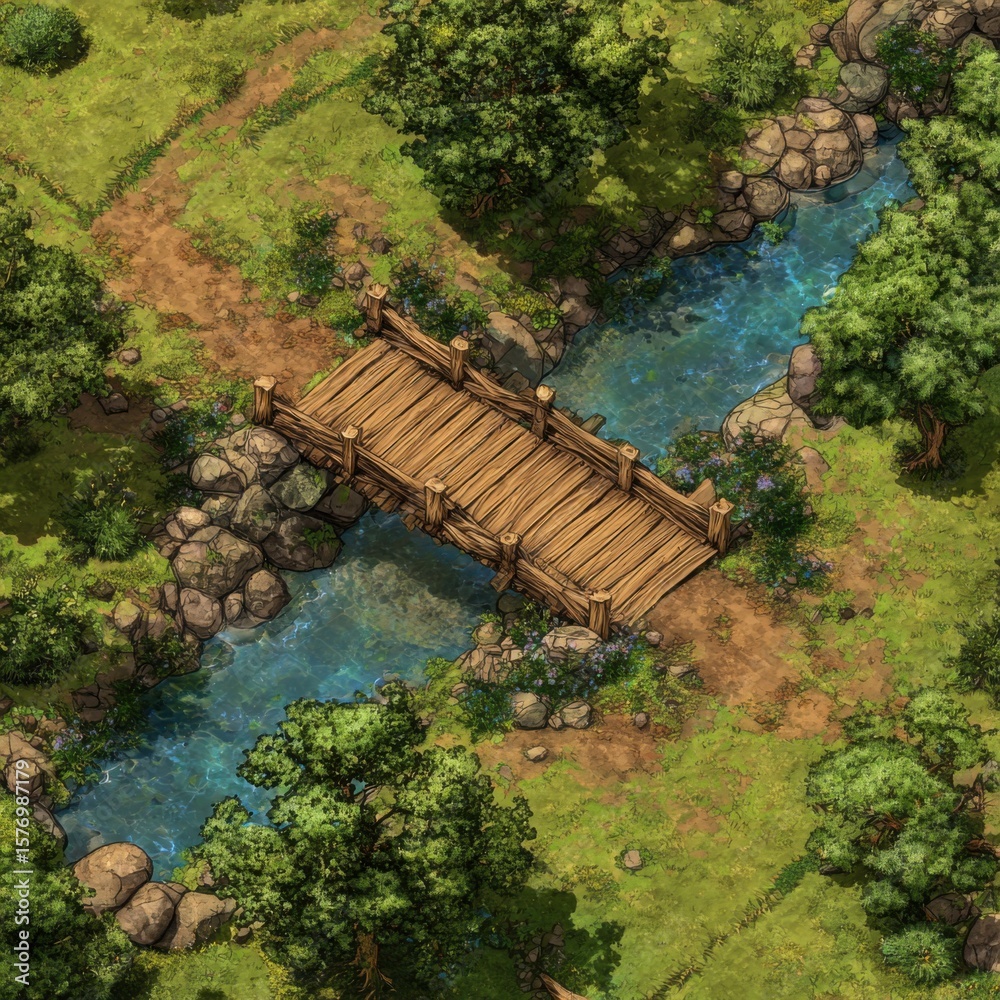 Fototapeta premium Breathtaking view of a wooden bridge spanning a serene river.