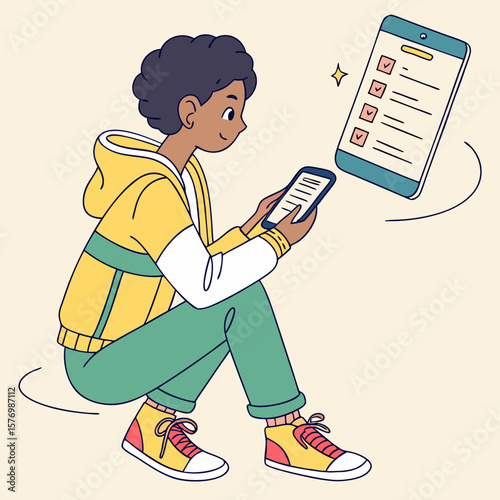 Person sitting cross legged using a smartphone with a checklist floating nearby on a tablet device
