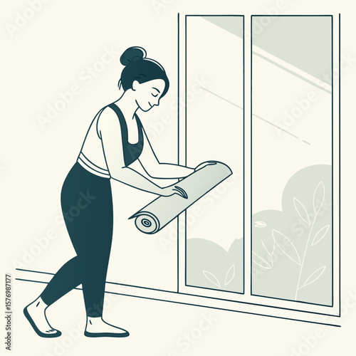 Woman in athletic wear unrolling a yoga mat near a window with a view of foliage outside the glass panes