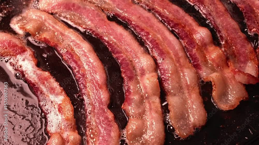 Crispy pieces of tasty thin smokey bacon fried in a hot skillet. Cooking delicious hot lunch dishes. bacon are fried in hot fat on kitchen frying pan.