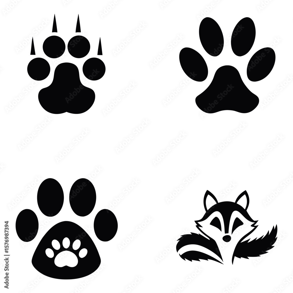 Fototapeta premium Animal Tracks and Wildlife Iconography A Collection of Paw Prints and a Raccoon Depicted in Black and White