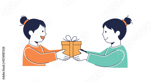 Two girls are sharing a present with each other on a white background symbolizing friendship and generosity