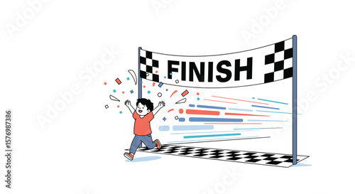 Excited young athlete celebrates crossing the finish line with confetti and victory.