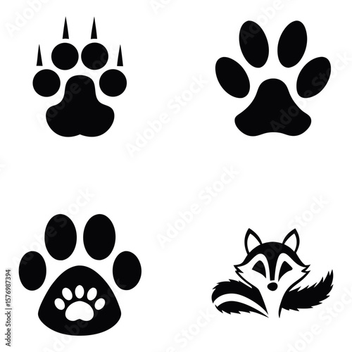 Animal Tracks and Wildlife Iconography A Collection of Paw Prints and a Raccoon Depicted in Black and White