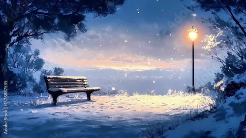 Serene winter scene with a wooden bench under glowing streetlight at dusk.