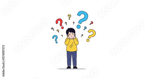 Young boy surrounded by numerous colorful question marks demonstrating confusion and uncertainty