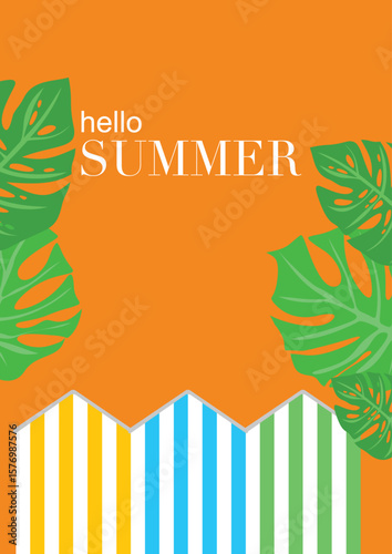 Hello Summer Tropical Beach Scene with Monstera Leaves