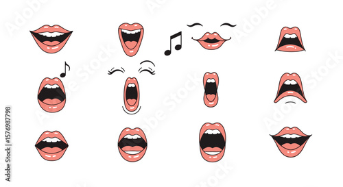 Collection of diverse human mouth expressions demonstrating vocalization and emotional states with musical notes signifying sound