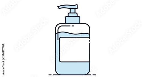 Clear liquid dispensed from a pump bottle onto a white surface with dashed line elements