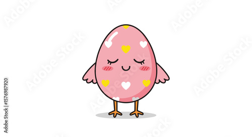 Cute pink easter egg character with closed eyes and hearts and yellow hearts pattern