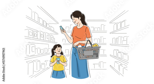 Mother and daughter choosing products together in a supermarket aisle
