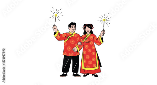 A joyful couple celebrates a festive occasion holding sparkling fireworks in their hands