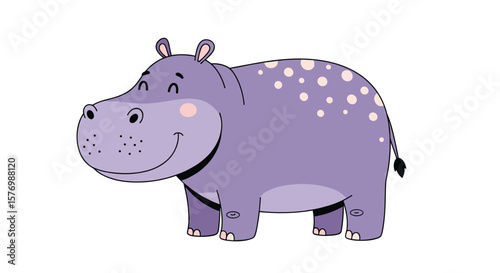 Adorable purple baby hippo cartoon character with happy expression and speckled back walking on white background