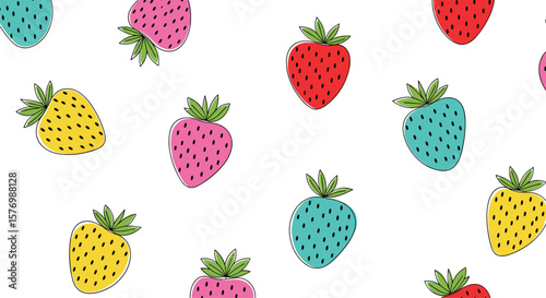 Whimsical pattern of vibrant stylized strawberries in various bright colors and playful arrangement on a clean white background creating a cheerful and artistic textile design