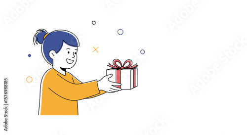 Young child happily offering a beautifully wrapped present with a red ribbon to someone unknown in a celebratory atmosphere