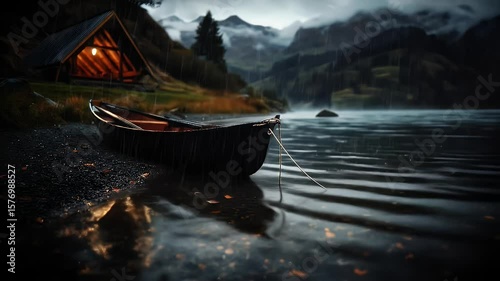 A wooden boat moored on the shore of a lake during a rainstorm with a lit cabin and misty mountains in the background