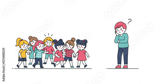 A thoughtful young man observes a group of energetic young children engaging in playful activities together outdoors