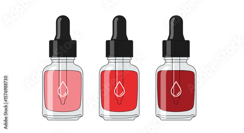 Three dropper bottles filled with colorful liquid for cosmetic or pharmaceutical use representing different shades of pink and red showcasing dropper functionality and precision dispensing