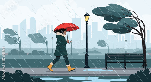 A person walking under a red umbrella on a rainy day in a city park enjoying the serene atmosphere