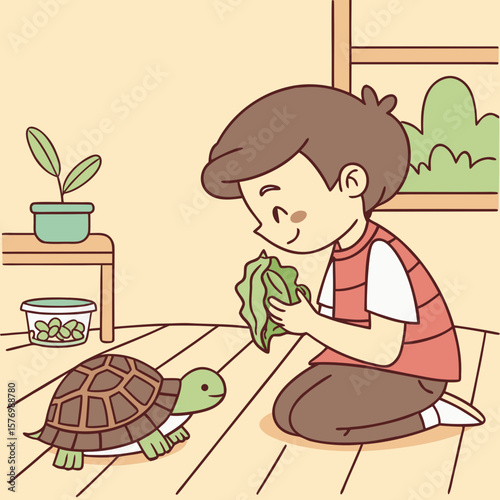 A boy feeding a turtle lettuce while kneeling on the floor near a table with a plant and turtle food